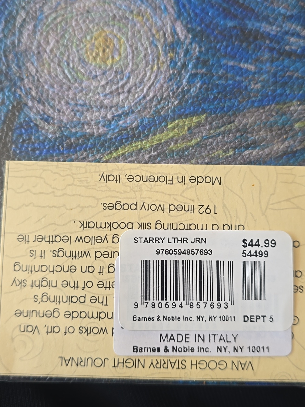 NEW!!!  Italian Leather Journal Van Gogh "Starry Night" Lined Notebook - Picture 8 of 10